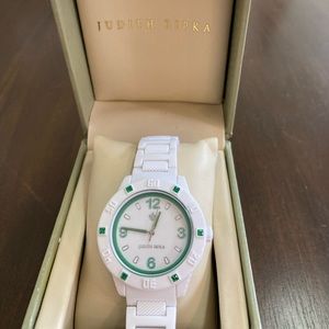 Judith Ripka White Dial, Green CZ Plastic Band Watch 7" White Stainless Steel